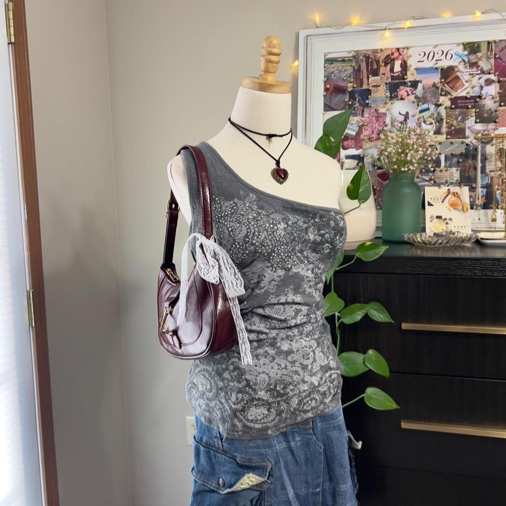 Y2K Vanity Gray One Shoulder Rhinestone Tank Top Size Medium Grunge Going Out